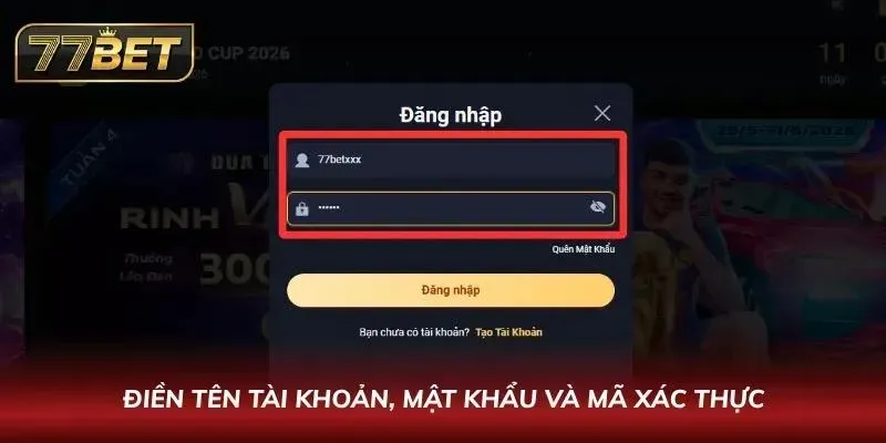 Điền tên tài khoản, mật khẩu và mã xác thực