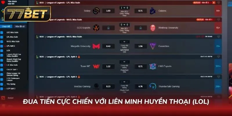 Bảng kèo Liên Minh Huyền Thoại tại 77BET với các cửa cược chiến công đầu và rồng đầu tiên